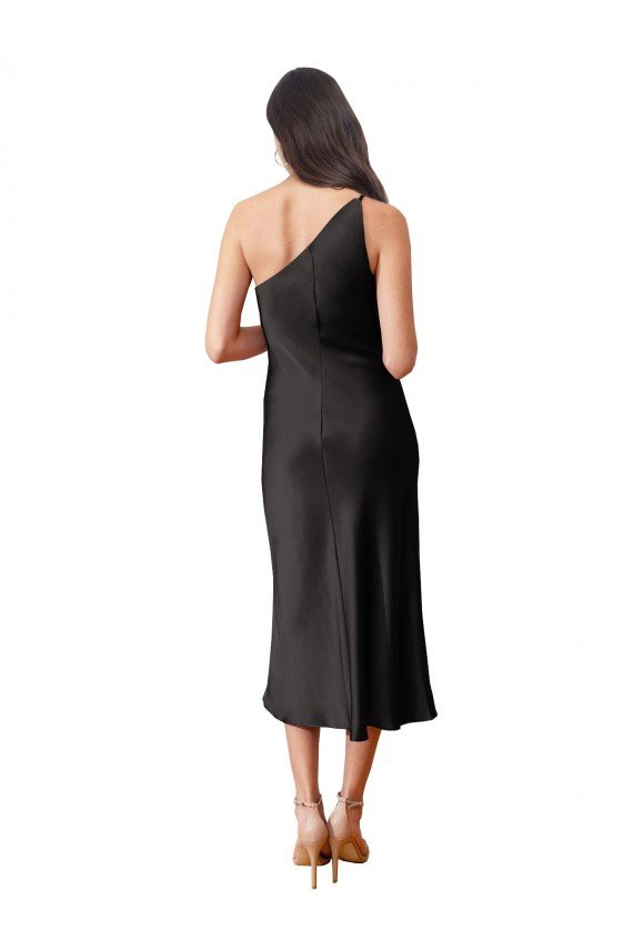 Affordable Sleek One Shoulder Midi Length Short Cocktail Formal Stretch Satin Slip Bridesmaid Dress / Prom Dress