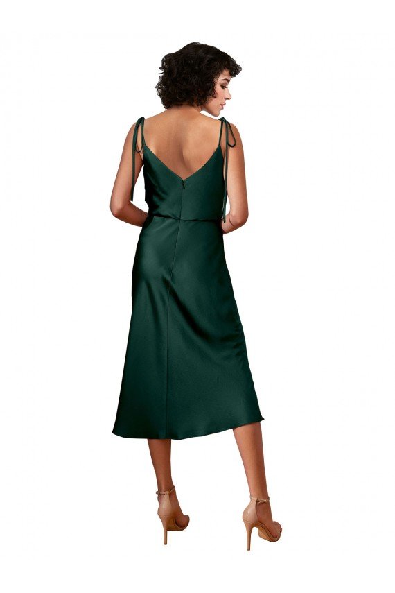 Affordable Spaghetti Straps Tie Shoulders Cowl Neck Short Midi Length Formal Stretch Satin Cocktail Bridesmaid Dress / Prom Dress