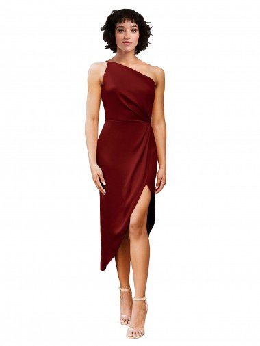 Affordable One Shoulder Cocktail Midi Length Short Formal Stretch Satin Wrap Style Bridesmaid Dress / Prom Dress