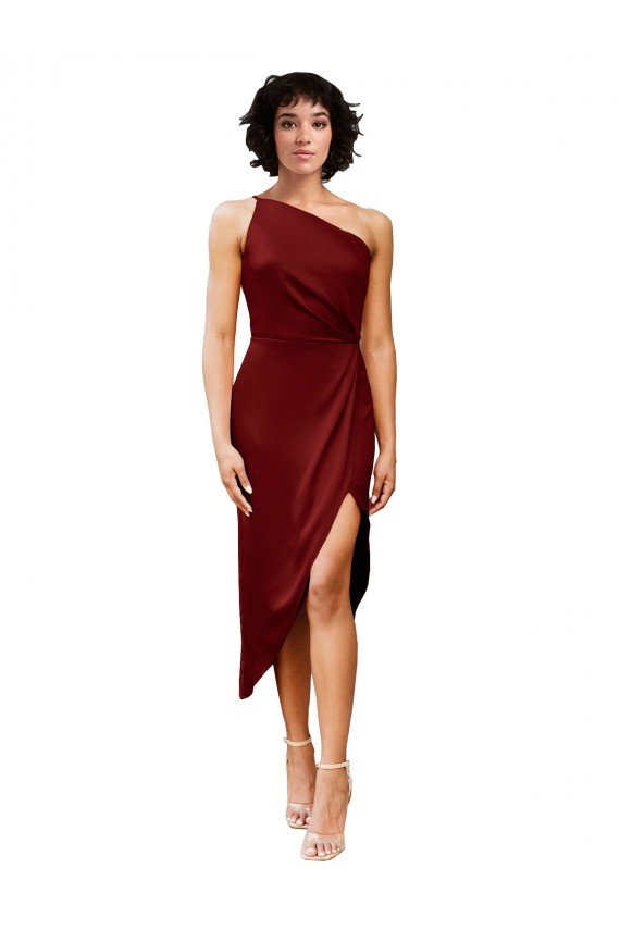 Affordable One Shoulder Cocktail Midi Length Short Formal Stretch Satin Wrap Style Bridesmaid Dress / Prom Dress