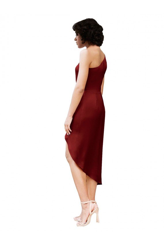 Affordable One Shoulder Cocktail Midi Length Short Formal Stretch Satin Wrap Style Bridesmaid Dress / Prom Dress