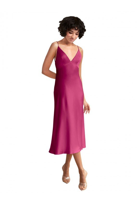 Affordable Midi Length V-Neck Short Formal Stretch Satin Bridesmaid Dress / Cocktail Prom Dress with Low Scoop Back