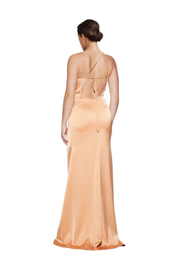 Affordable One Shoulder Ruched Formal Stretch Satin Bridesmaid Dress / Prom Dress with Thigh High Split