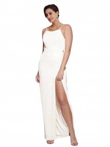Affordable High Neck Formal Stretch Satin Bridesmaid Dress / Prom Dress with Low Back and Side Slit