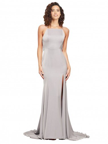 Affordable High Neck Low Back Long Full Length Formal Stretch Satin Bridesmaid Dress / Prom Dress