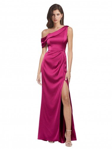 Affordable Off the Shoulder Short Sleeves Formal Stretch Satin Bridesmaid Dress / Prom Dress with Side Slit