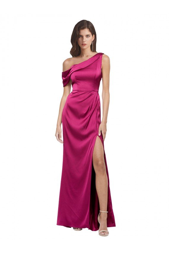 Affordable Off the Shoulder Short Sleeves Formal Stretch Satin Bridesmaid Dress / Prom Dress with Side Slit
