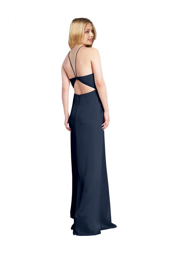 Affordable Halter Neckline Long Formal Stretch Satin Bridesmaid Dress / Prom Dress with Strappy Back and Side Slit