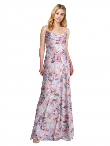 Affordable Draped Cowl Neck Long Printed Formal Stretch Satin Bridesmaid Dress