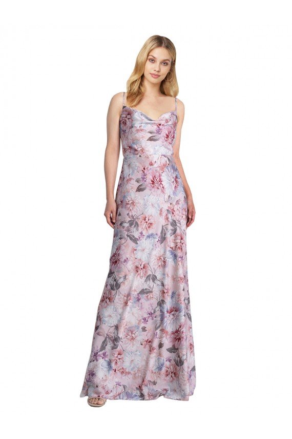 Affordable Draped Cowl Neck Long Printed Formal Stretch Satin Bridesmaid Dress