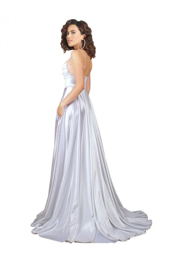 Affordable Simple A-Line Corset Style Pleated Long Stretch Satin Beach Wedding Dress with High Slit