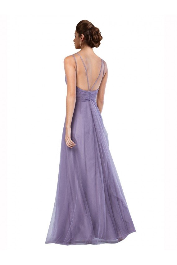 Affordable Flowy A-Line Tulle Bridesmaid Dress with Double Straps and V-Neck