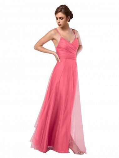 Affordable Flowy A-Line Tulle Bridesmaid Dress with Double Straps and V-Neck