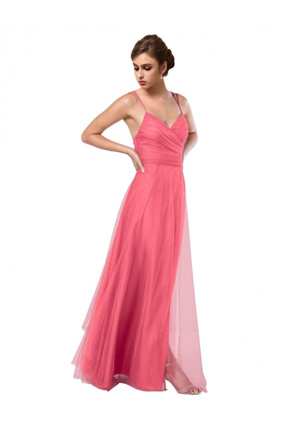 Affordable Flowy A-Line Tulle Bridesmaid Dress with Double Straps and V-Neck
