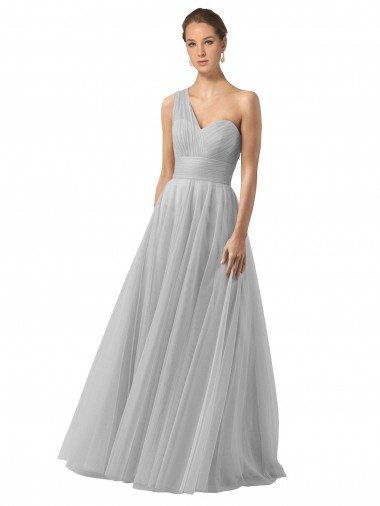 Affordable Floor Length Tulle Bridesmaid Dress with Shirred One Shoulder Bodice