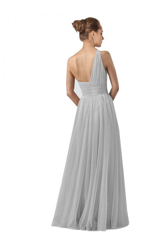 Affordable Floor Length Tulle Bridesmaid Dress with Shirred One Shoulder Bodice
