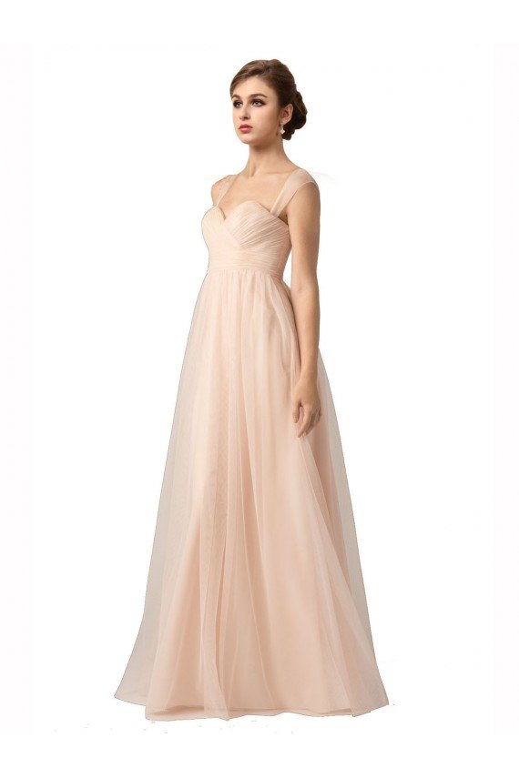 Affordable Illusion Sleeves Tulle Bridesmaid Dress with Shirred Bodice and Sweetheart Neckline