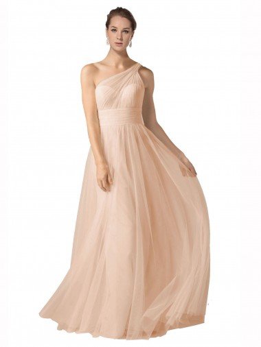 Affordable Illusion One Shoulder Tulle Bridesmaid Dress with Shirred Bodice