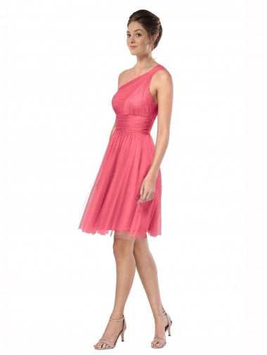 Affordable One Shoulder Short Knee Length Tulle Bridesmaid Dress