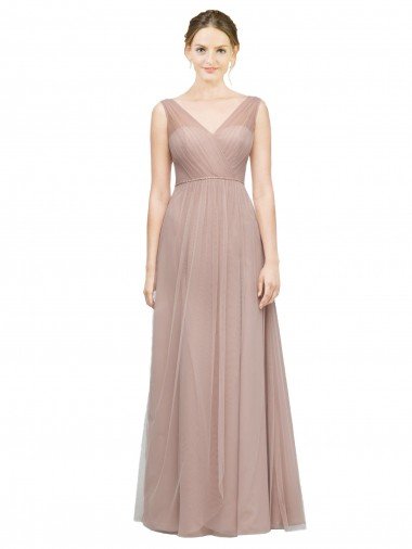 Affordable Full Length Draped Long V-Neck Tulle Bridesmaid Dress