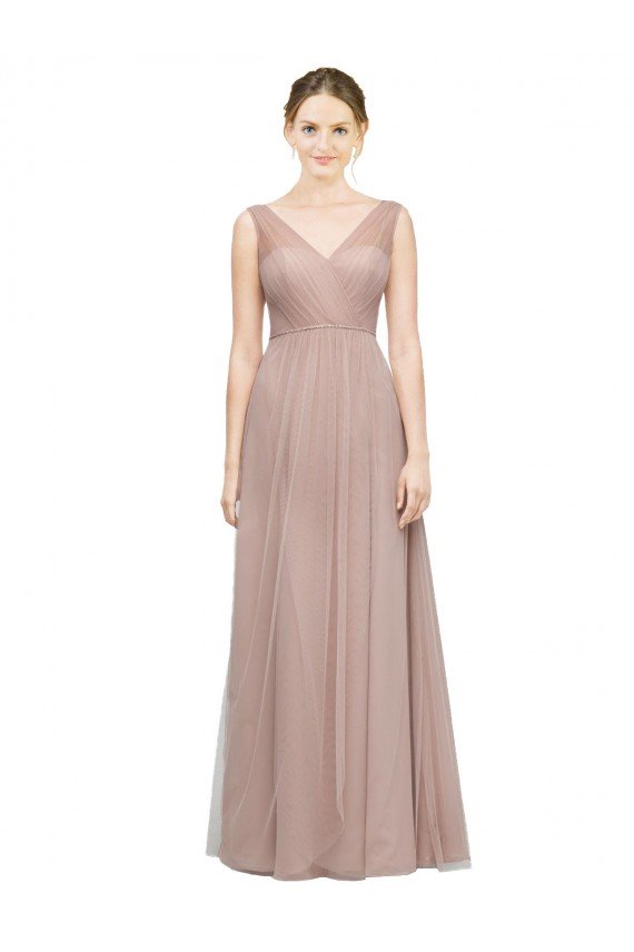 Affordable Full Length Draped Long V-Neck Tulle Bridesmaid Dress