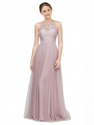 Affordable High Neck Long Tulle Bridesmaid Dress with Lace Bodice