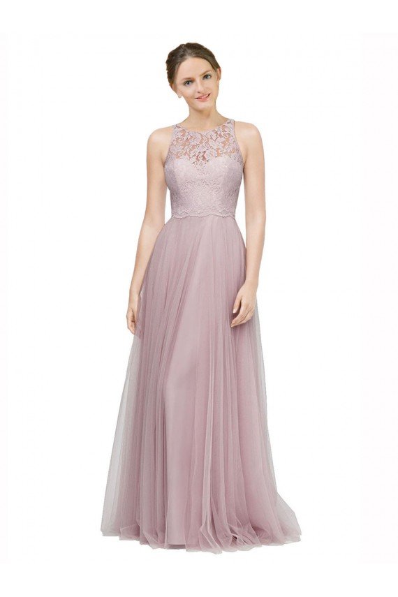 Affordable High Neck Long Tulle Bridesmaid Dress with Lace Bodice
