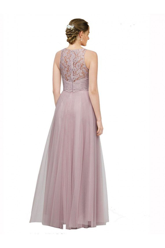 Affordable High Neck Long Tulle Bridesmaid Dress with Lace Bodice