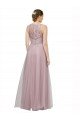 Affordable High Neck Long Tulle Bridesmaid Dress with Lace Bodice