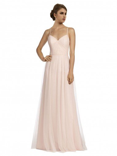 Affordable Long Draped Back A-Line Tulle Bridesmaid Dress with Pleated Bodice