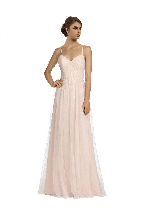 Affordable Long Draped Back A-Line Tulle Bridesmaid Dress with Pleated Bodice