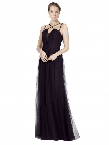 Affordable High Neck Long A-Line Tulle Bridesmaid Dress