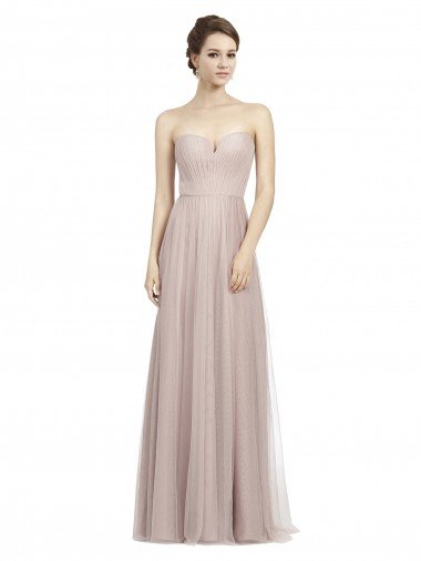 Affordable Long Strapless Tulle Bridesmaid Dress with Pleated Bodice