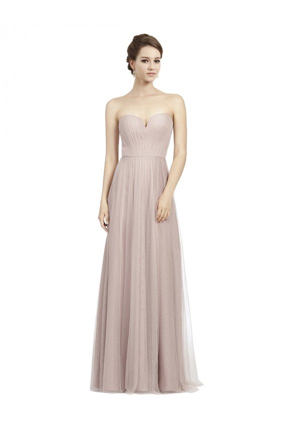 Affordable Long Strapless Tulle Bridesmaid Dress with Pleated Bodice