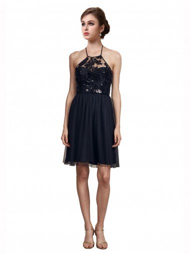 Affordable High Neck Illusion Bodice Bridesmaids Dress