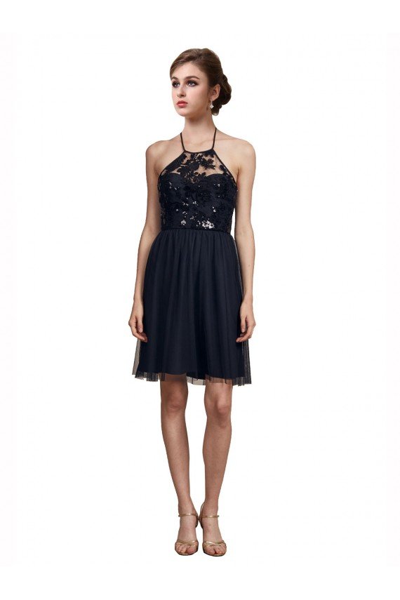 Affordable High Neck Illusion Bodice Bridesmaids Dress