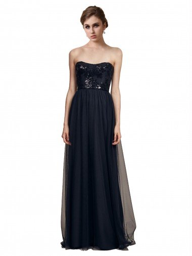 Affordable Strapless Sequined Lace Long Bridesmaid Dress with Pleats