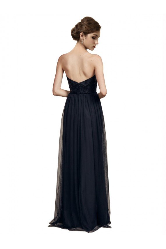 Affordable Strapless Sequined Lace Long Bridesmaid Dress with Pleats