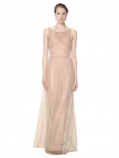 Affordable Long Tulle Bridesmaid Dress with Illusion Neck