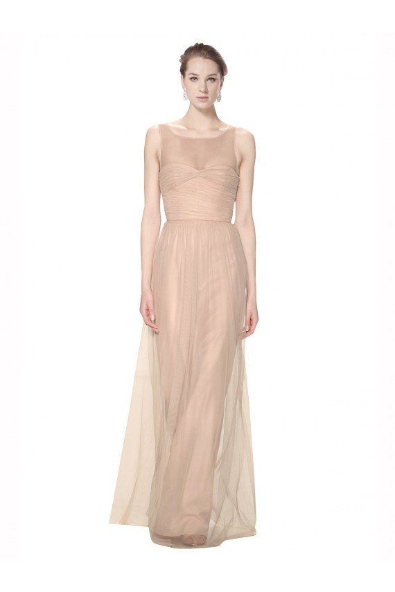 Affordable Long Tulle Bridesmaid Dress with Illusion Neck