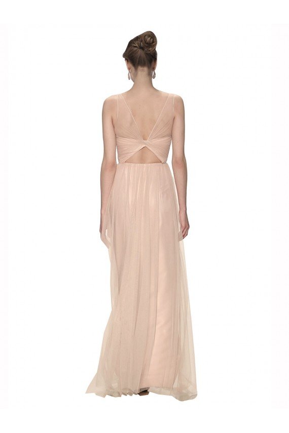 Affordable Long Tulle Bridesmaid Dress with Illusion Neck
