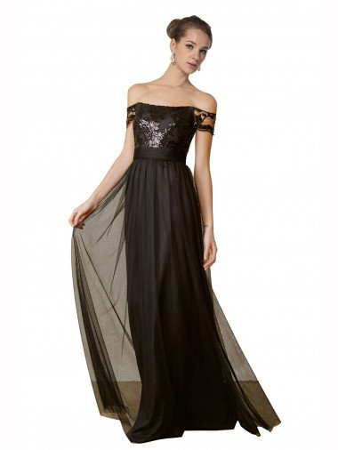 Affordable Off The Shoulder Sequined Lace Tulle Bridesmaid Dress