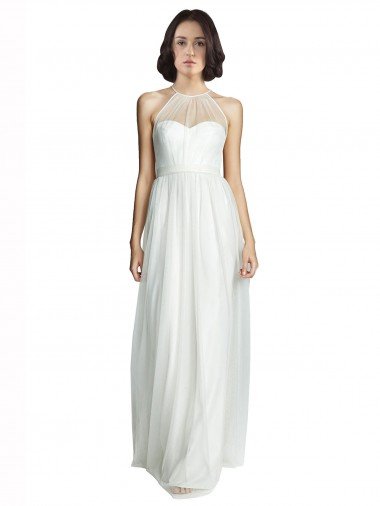 Affordable High Neckline Long Tulle Bridesmaid Dress with Illusion Front