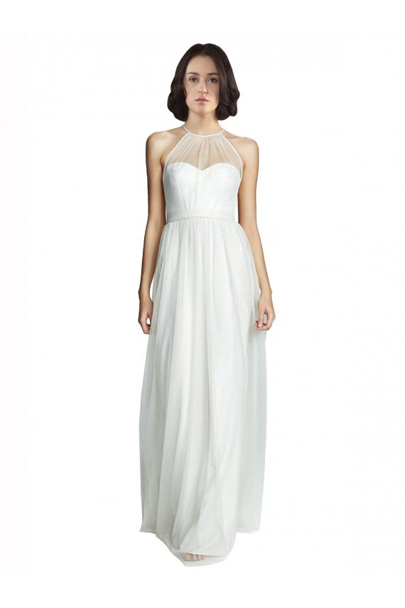 Affordable High Neckline Long Tulle Bridesmaid Dress with Illusion Front