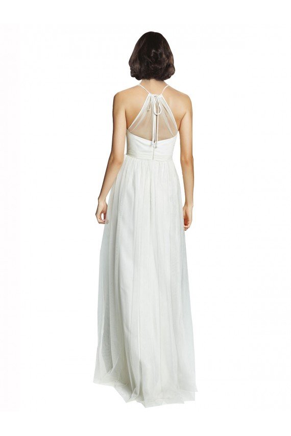 Affordable High Neckline Long Tulle Bridesmaid Dress with Illusion Front