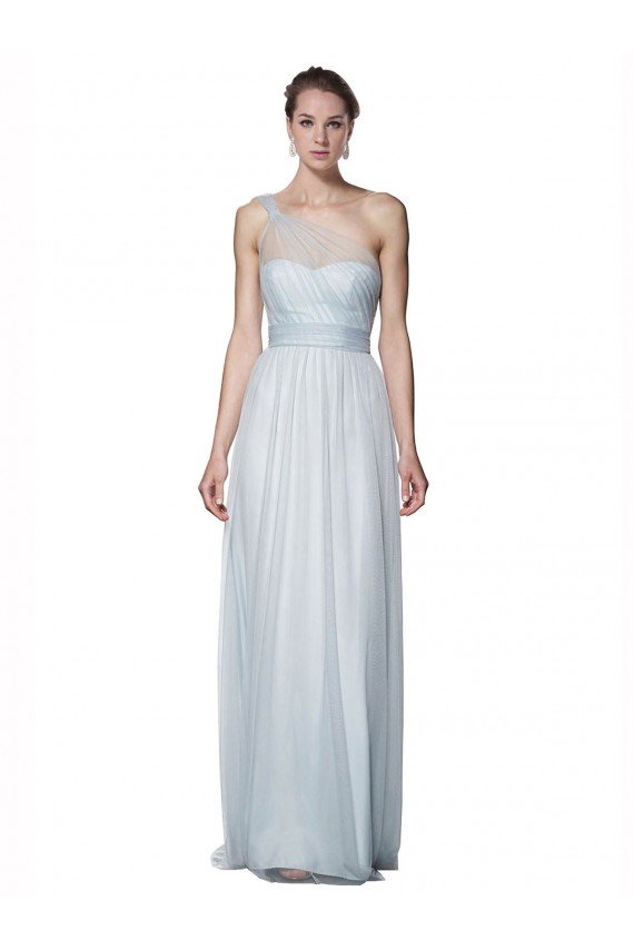 Affordable One Shoulder Illusion Tulle Bridesmaid Dress with Knot Detail