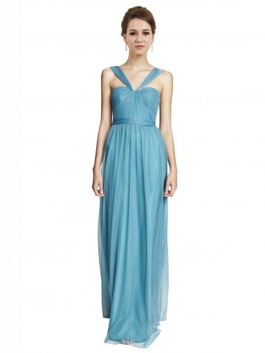 Affordable Floor Length Inverted V-Neck Tulle Bridesmaids Dress