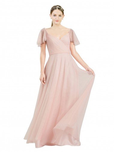 Affordable Long V-Neck Flutter Sleeves Tulle Bridesmaid Dress