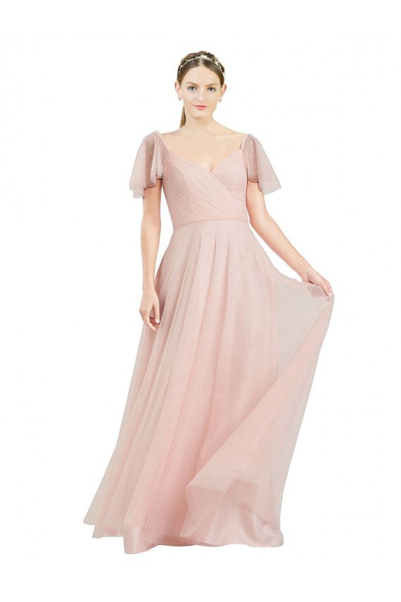 Affordable Long V-Neck Flutter Sleeves Tulle Bridesmaid Dress