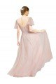 Affordable Long V-Neck Flutter Sleeves Tulle Bridesmaid Dress